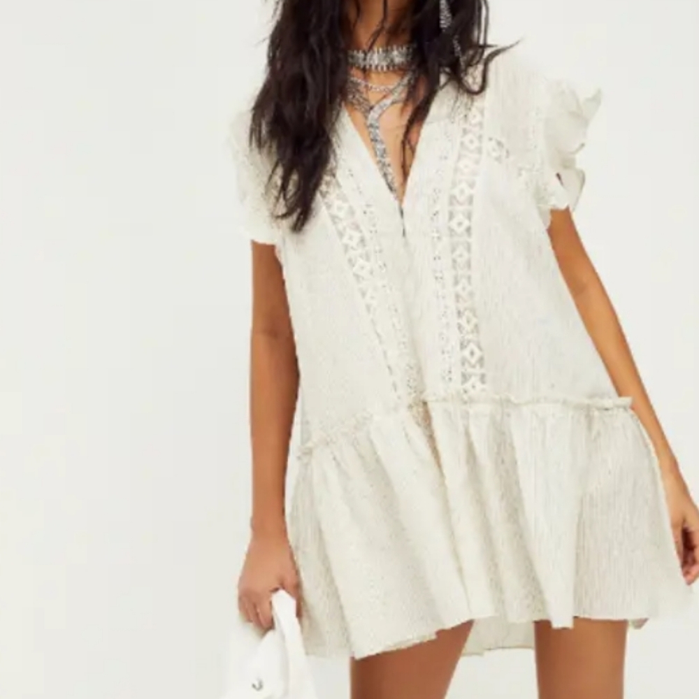 Free People Baby Blues Textured Tunic Fluttery Cap Sleeves White Embroidered SP